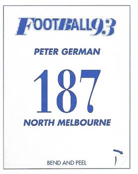 1993 Select AFL Stickers #187 Peter German Back